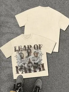 Men's Casual Graphic Tee, Cream Color Angel Print, Cross Design, Loose Oversized Fit, Perfect for Campus & Night Out