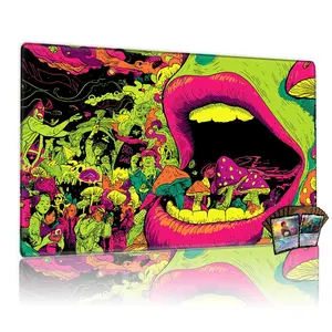 TCG, MTG, CCG RPG trading card game MATS, trippy open mouth, neon mushroom cluster, surreal figures pattern, 14x24 inches, anti-slip, washable, suitable for desk mats/mousepads, tabletop adornment, Gaming Mouse Pad