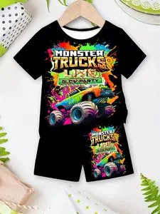 Boys' Colorful Monster Truck Print Short Sleeve Set Party, Cartoon Car T-Shirt and Shorts Two-Piece, Casual Loose-Fitting