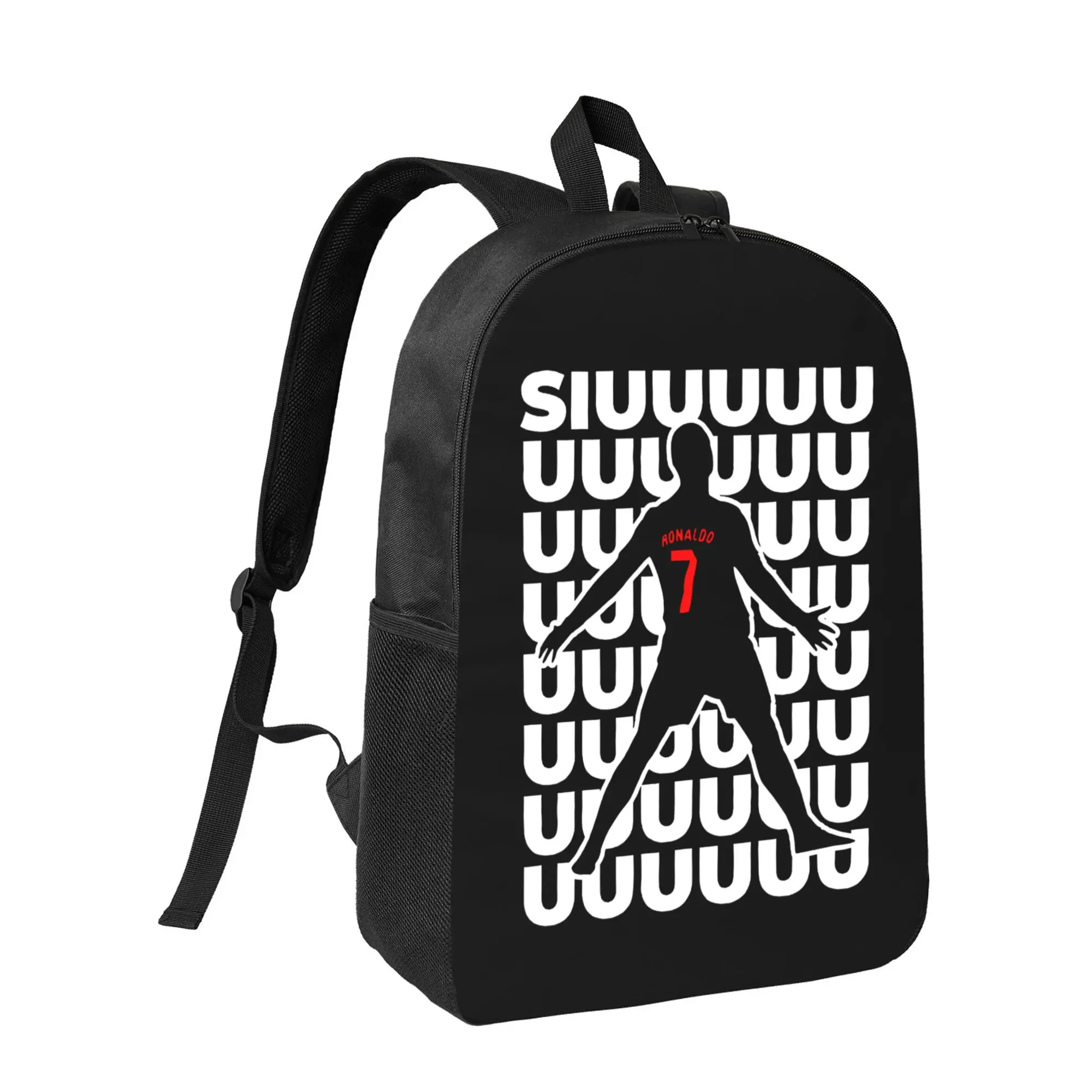CR7 Ronaldo Graphic Backpack - Lightweight Durable  with Adjustable Straps & Zipper Closure, Black & White Dynamic Soccer Print for Teens & Adults, Sports & Casual Use