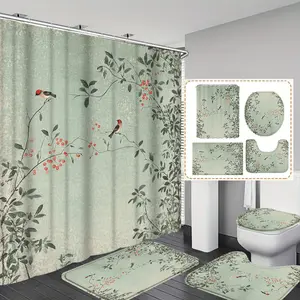 Plant Fruit Bird Print Shower Curtain Set, Includes 12 Hooks, Non-Slip Bath Mat, U-Shaped Pad, Toilet Seat Cover, Home Bathroom Decor