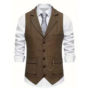 Men's Herringbone Tweed Single-Breasted Lapel Vest with Chain Detail - Stylish Brown Suit Vest for Business or Formal Occasions, Machine Washable, Stylish Layering Piece |   Notched Lapel Design |   Polyester Vest