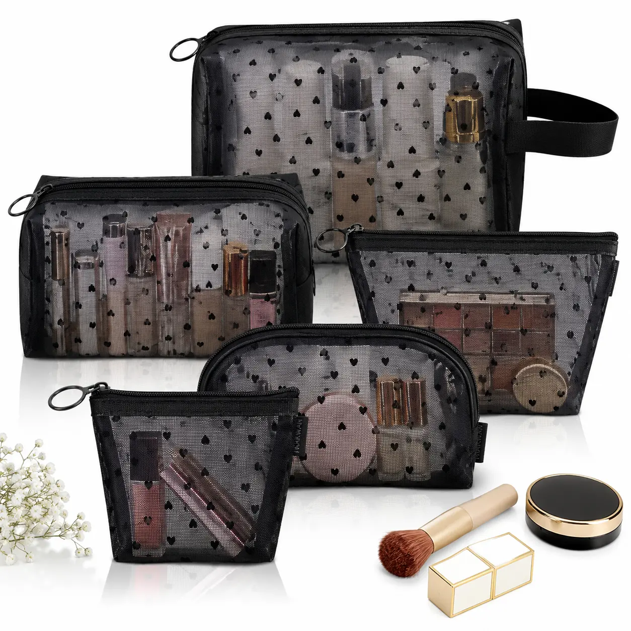 Cute Heart Print Makeup Organizer Set, 5-Piece Polyester Mesh Cosmetic Travel Bags for Women, TSA Approved See-Through Zipper Pouches, Travel Makeup Bags Organizers, Cute Hearts, Storage Set, Fashion Accessory, Tiered Sizes, Two-Way Zip