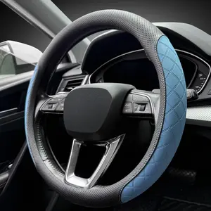 Nappa Leather Steering Wheel Cover,Elegant Diamond Checkered Design, Non-Slip wear-Resistant, Enhance Driving Comfort, Suitable for Steering Wheel Diameter 14 1/2'-15’ Models.Black Blue