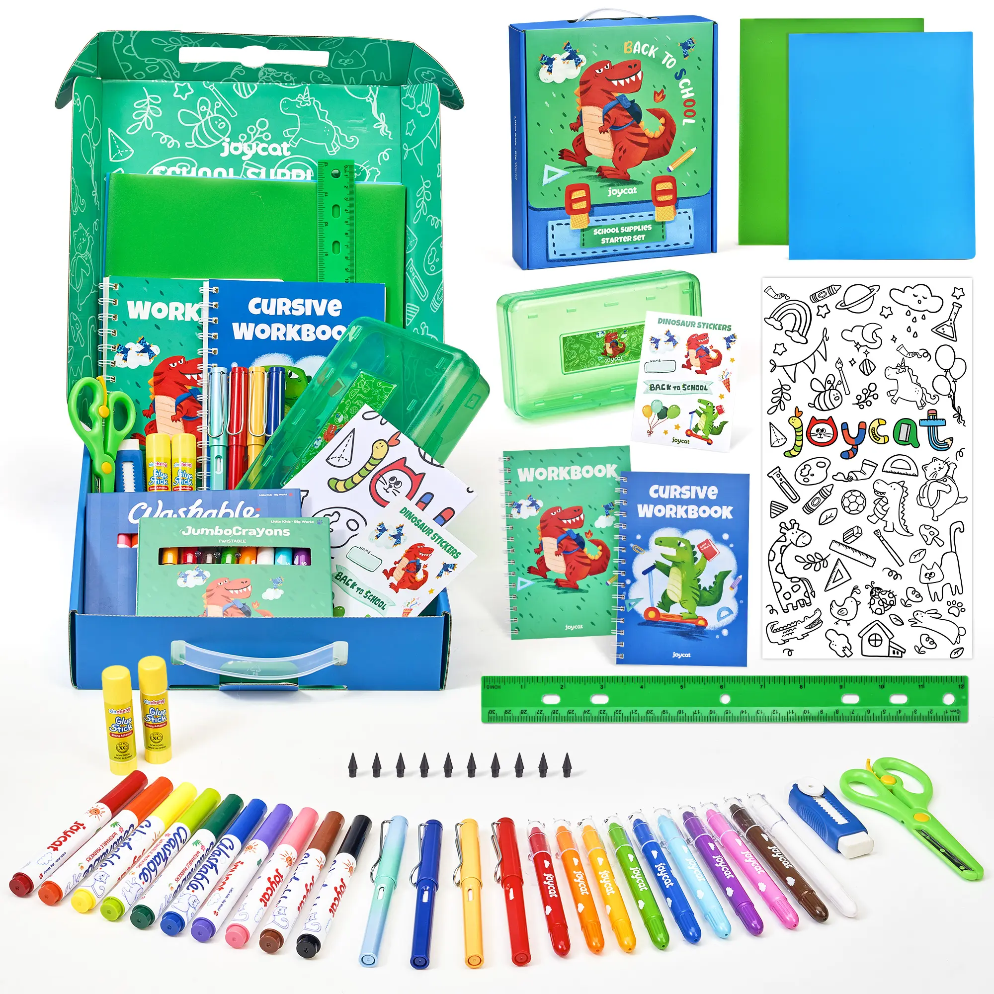 JoyCat Dinosaur & Unicorn Themed 46-Piece Kids' School Bundle - First Day of School Study Kit with Colorful Markers, Refillable Pens, Pencils, Scissors, Sketch Books, Art Materials & Classroom Supplies