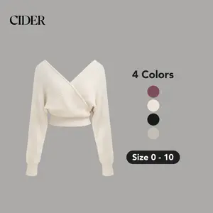 Cider [4 colors, size 0-10] Knit V-neck Solid Wrap Crop Long Sleeve Top