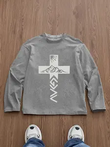 Men's Slim Fit Long Sleeve Graphic T-Shirt, Cross Sun Mountain Pattern, Style, All Seasons, Casual Daily Wear, Unisex