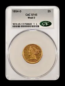 1854-D $5.00 Liberty Head XF45 Weak D CAC