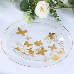 Set of 20 Plastic Round Dinner and Salad Plates 8", 10" Clear with Gold Butterfly Design & Gold Rim - Chic Disposable Dinnerware