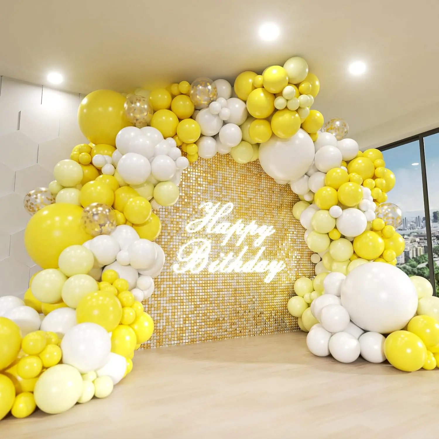 140-Piece Yellow, White, and Gold Confetti Balloon Arch Kit with Mixed Sizes for Baby Showers, Gender Reveals, Birthdays, Weddings, and Sunflower or Honey Bee Themes