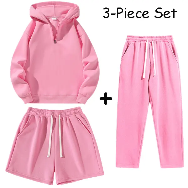Unisex American casual streetwear three-piece set for back-to-school, featuring a half-zip hoodie + 3-inch shorts + long pants; basic regular fit, suitable for everyday wear in all seasons.