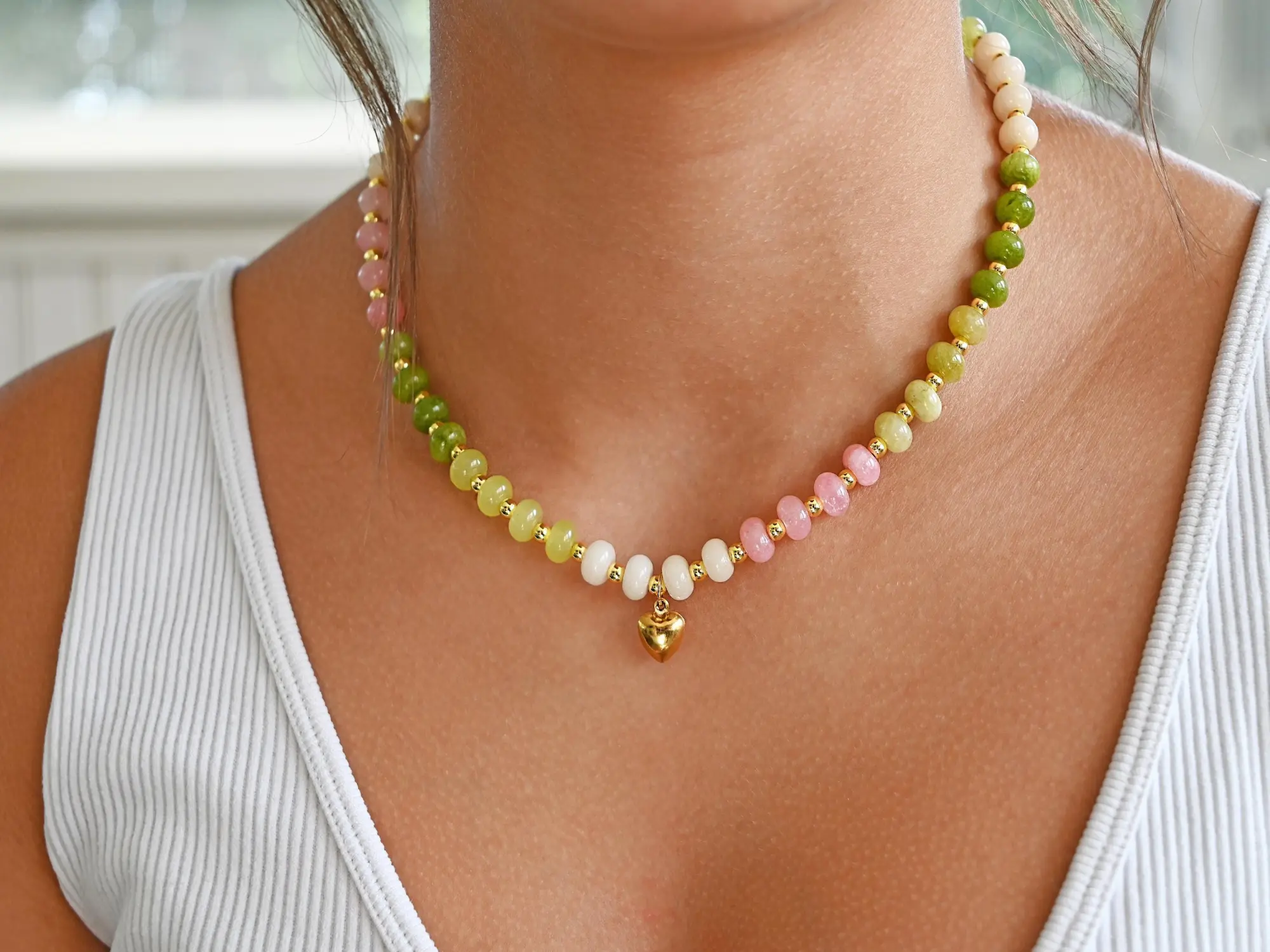 Green & Pink Beaded Adjustable Choker Necklace with Gold Heart Handmade Watermelon Inspired Jewelry for Spring Summer