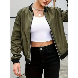 chiara red jacket Fashionable And Edgy, Ladies' Olive Green Bomber Jacket - Elegant Polyester Zippered Baseball Jacket With Black Embellishment, Machine Washable For Spring/fall Fashion, Everyday Jacket | Casual Chic Style | Smooth Texture
