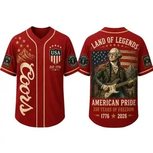 COORS Banquet Land of Legends American Pride Baseball Jersey, Patriotic USA Vintage George Washington Guitar Shirt, 250 Years of Freedom Button Up Jersey for Men, 4th of July Streetwear Gift