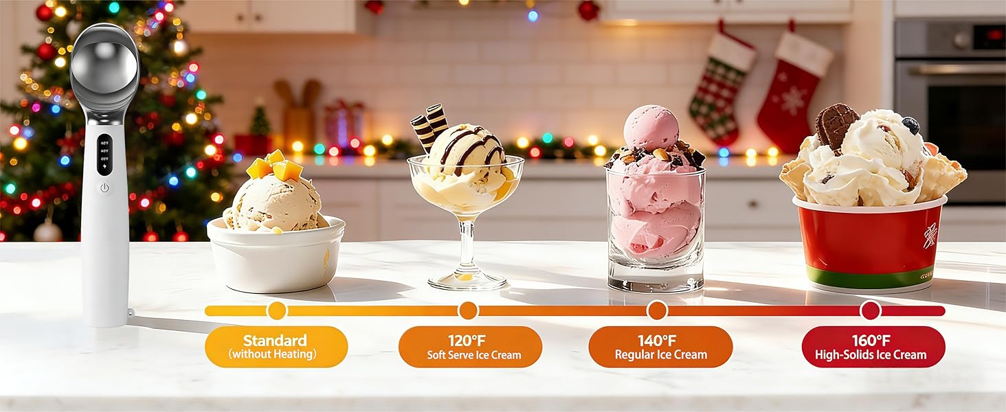 Heated Ice Cream Scoop, Electric Ice Cream Scoop With 3 Temperature Settings (120°F/140°F/160°F) For Rock-Hard Ice Cream, USB-C Rechargeable, Ice Cream Scoop Heating, IPX7 & Easy Clean, Ergonomic Design, Gift