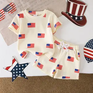 Toddler Baby Boy 4th of July Outfits Flag Waffle Short Sleeve T-Shirts Elastic Waist Shorts Sets Summer Clothes