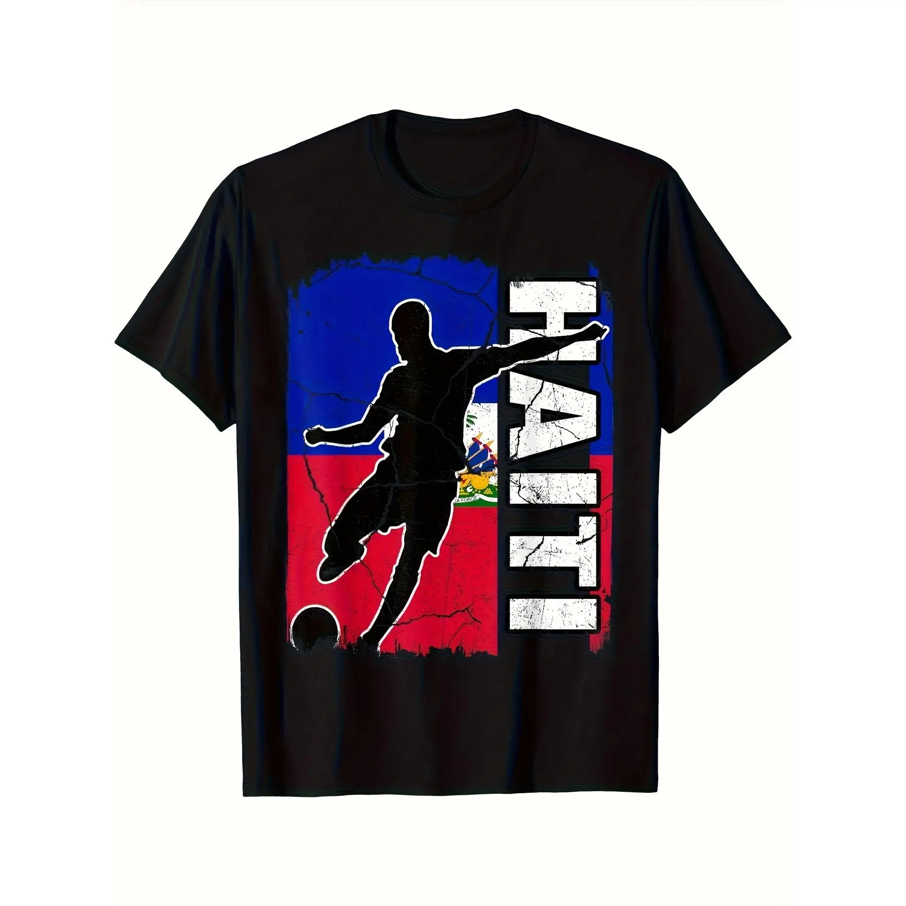 Men's Haitian Football Team Graphic T-Shirt - 2025 Summer Casual Short-Sleeve Crewneck, 220G Pure Knit Fabric, Haiti Flag Design, Cloud, Seamless, Smooth, Soft Unisex Fan Top