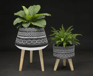 SET OF 2 BOHO CERAMIC PLANTERS WITH WOOD STANDS