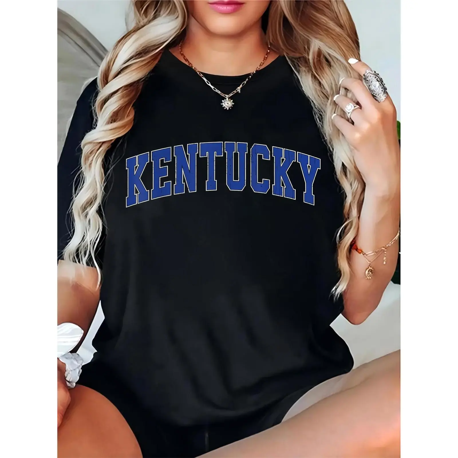 Women's Black Kentucky Distressed Blue Text T-Shirt, Casual Kentucky Pride Tee for Sports Fans, College Students, Everyday Wear, Basic, Comfortable, Shortsleeve, Elegant, Lady, Essential, Cotton, Prints, Fit, Feminine