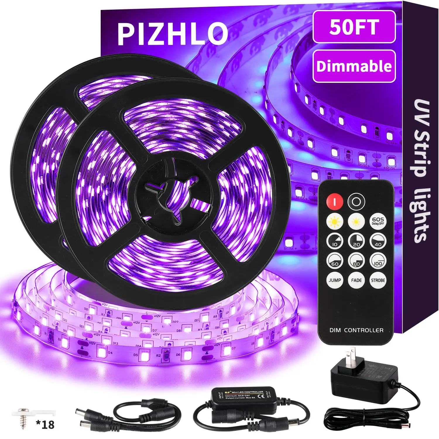 PIZHLO Upgraded Non-Waterproof UV Strip Lights, 900-LED Dimmable Flexible Blacklights with Remote, Touchable Light for Halloween Glow Party, Bedroom Decor