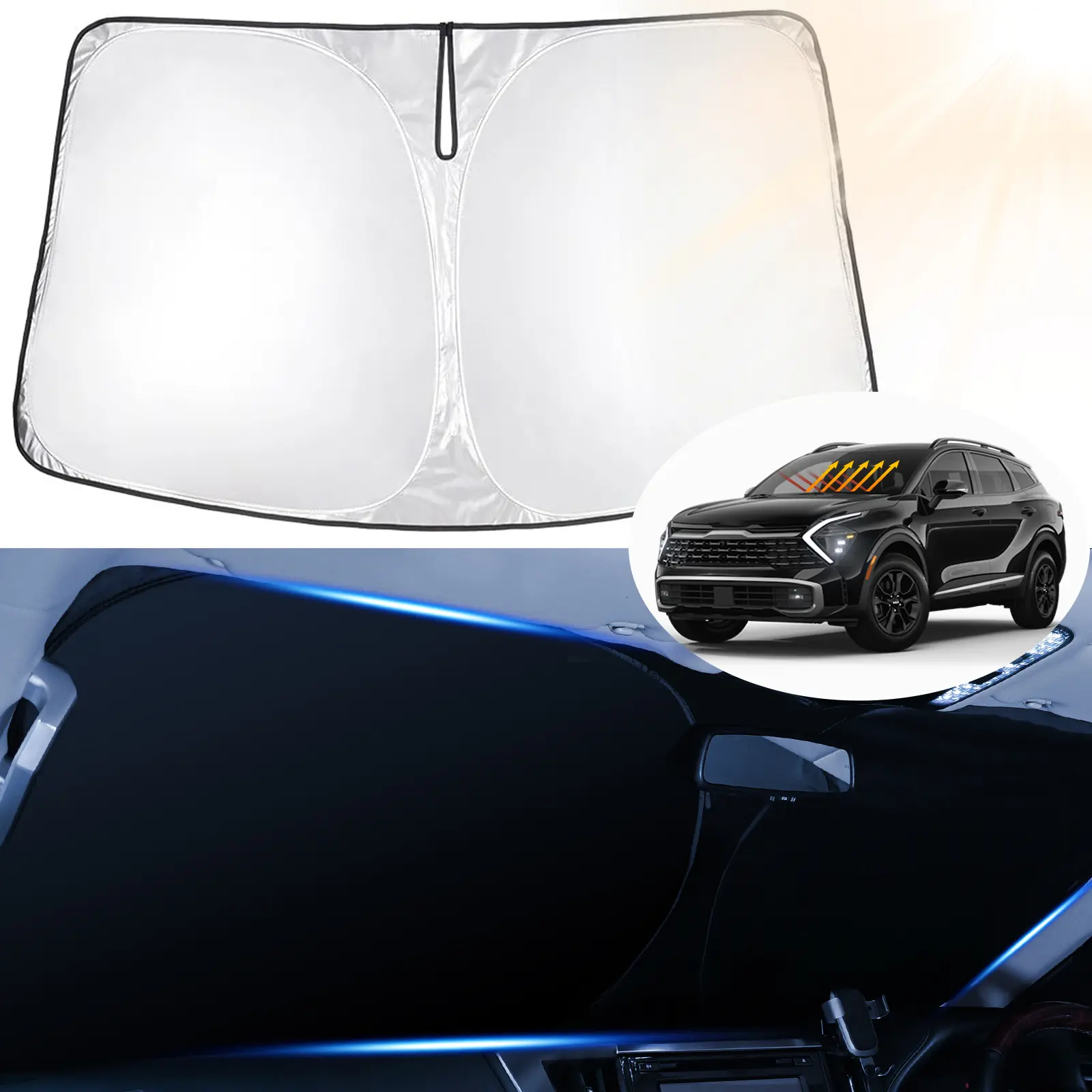 Canvcle Custom Fit Double Layer Windshield Protector Front Window for Kia Sportage 2017-2026, 240T Reflective Fabric Foldable Sunshade Visor Front Window, 99% UV Blocking UV Protective, Heat Protection, Easy Install, Cooling Speed Car Interior Accessory