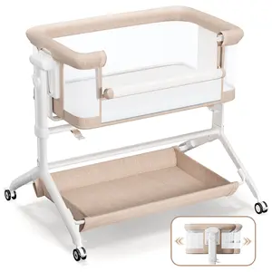 CAVEEN 3 in 1 Bassinets Bedside Sleeper, Baby Bedside Bassinets, Adjustable Height Bedside Sleeper with Rocking Mode, Breathable Full-Mesh and Mattress, Storage Basket, Wheels, Easy Assemble & Folding, Easy to Fold Portable Crib Side Bassinet, Light brown