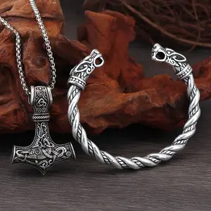 2pcs Nordic Viking Pendant Necklace & Bracelet Set - Stainless Steel - For Men & Women - Perfect Gift for Fans of Norse Mythology & History