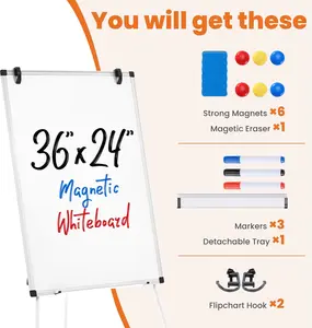 Magnetic Whiteboard with Stand 24x36 Inch, Adjustable Height Dry Erase Board for Office Teaching Presentation, Portable Easel for Classroom Home Meeting, Aluminum Frame White Board, White