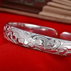 925 Sterling Silver Floral Bangle – Elegant Open Bracelet With Beautiful Carvings, Perfect For Special Occasions