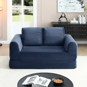 63 Inch Convertible Sleeper Sofa Bed, High Back Plush Corduroy Folding Floor Mattress Couch, Modern Sleeper Couch with 2 Pillows, Futon Modular Upholstered Boneless Loveseat with Pull-Out Bed,No Assembly Required (Blue)