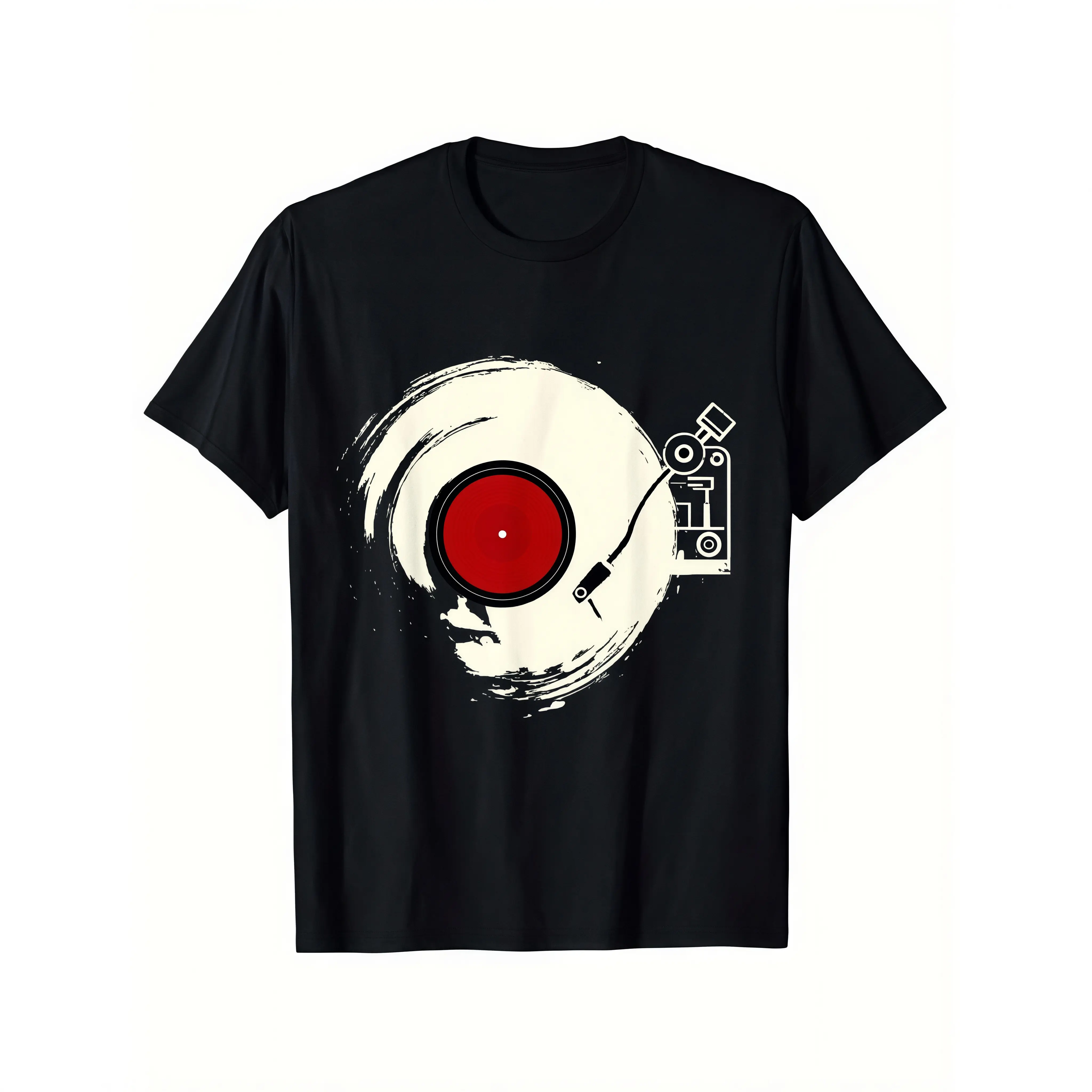 Black Short - Sleeved Round - Neck T - shirt Vintage Vinyl Record Player Pattern White Brushstroke Design Casual Music Lovers Sizes S M L XL,t-shirt,funny,father,Cute,Monaco,soft,fashion graphic tee,Versatile,Highland,Men's,F,Neck Raglan Com,s,c,p,,z,Sli,