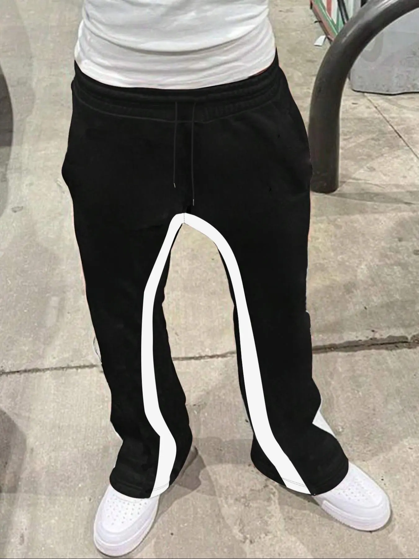 Men's Colorblock Patchwork Drawstring Waist Flare Leg Pants, Regular Fit Casual Comfy Pocket Trousers, Casual Streetwear Trousers for Spring & Fall, Men's Bottoms for Daily Wear, Casual Lounge Pant