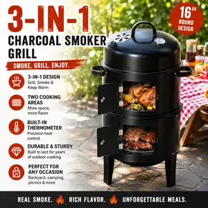 Outsunny Vertical Charcoal BBQ Smoker 3 in 1 16 inch Round Barbecue Grill 2 Tier Portable Meat Smoker Cooker with Thermometer Vents for Outdoor Camping Picnic Backyard Fire Pit Tailgating Heavy Duty Black