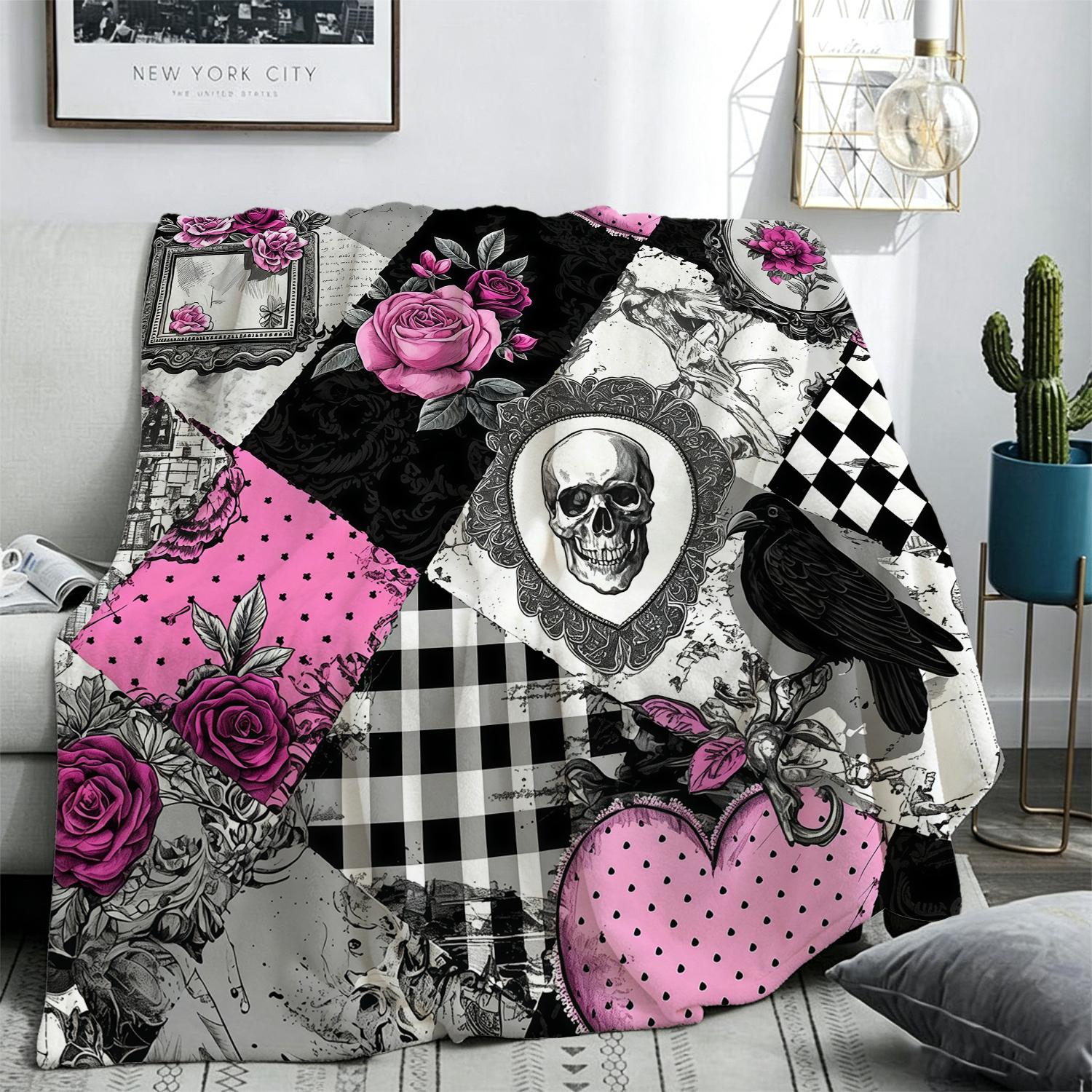 Pink Black Gothic Patchwork Print Flannel Throw Blanket - Harlequin, Gingham, Polka Dot Grids, Soft Fleece, Vintage Punk Skull Art, Raven, Hot Pink Roses, Cozy Lounging, Home House Room Decor, Ideal Gift for Alt Pastel Goth Lovers