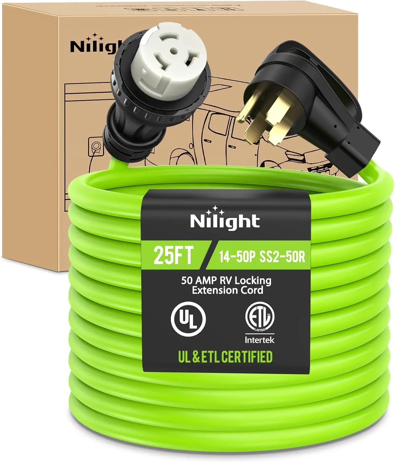Nilight 25FT 50 Amp RV Locking Extension Cord 250V Heavy Duty 6/3+8/1 Gauge Pure Copper STW Wire UL ETL Listed 4 Prong 14-50P SS2-50R Weatherproof Suit for Camper Caravan Trailer Bright Green