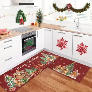 1PC/2PC/3PCS Christmas holiday kitchen carpet with long strips and Christmas gingerbread man print pattern, perfect for Christmas parties and gifts, corridors, bathrooms, kitchens, entrances, bedside Christmas holiday decorations