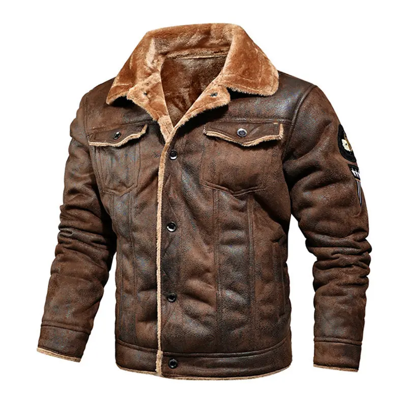 Men's Stylish Plush Sherpa Jacket - Leather-Accent Letter Patched Pocket, Button-Front, Longsleeves, Lapel Neckline, Regular Fit Modest Winter Outerwear for Daily Menswear