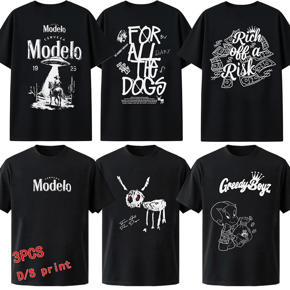 3-pack men’s double-sided print T-shirts, American short-sleeve T-shirts, beautifully patterned T-shirts, fun graphic T-shirts, matching couple short-sleeve T-shirts, versatile double-sided print T-shirts