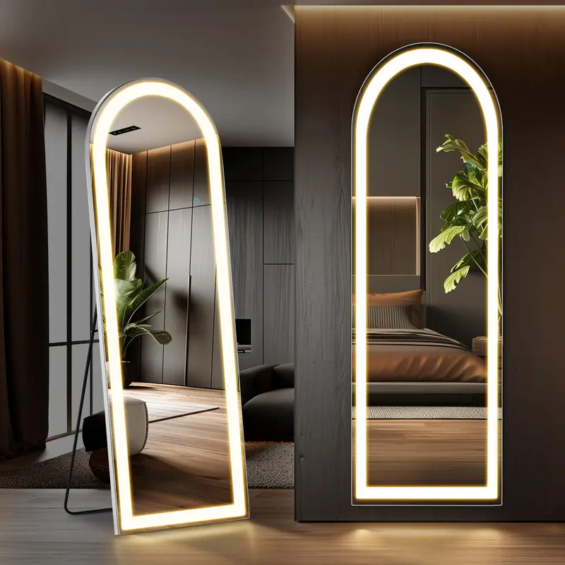 Modern Aluminum Alloy Rectangle Full Body Illuminated LED Mirror - 3-Color Dimmable Adjustable, Explosion-Proof, Wall-Hanging/Floor-Mountable Freestanding, LED-Arched, Vanity Setup, Home Gym/Cloakroom House Decor Mirror