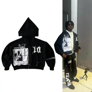 Unisex Black Cotton Embroidered Hoodie Zip Up 2000s Hip Hop Harajuku Streetwear Jacket