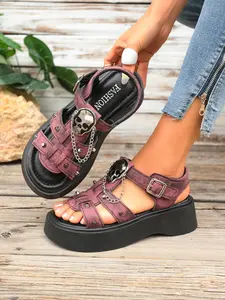 Women's Thick Sole Sandals Summer Gothic Style Punk Rivet Buckle Design, Trendy Comfortable Footwear for Women, Perfect for Casual, PU Upper Material, Buckle Details, Gothic Influence