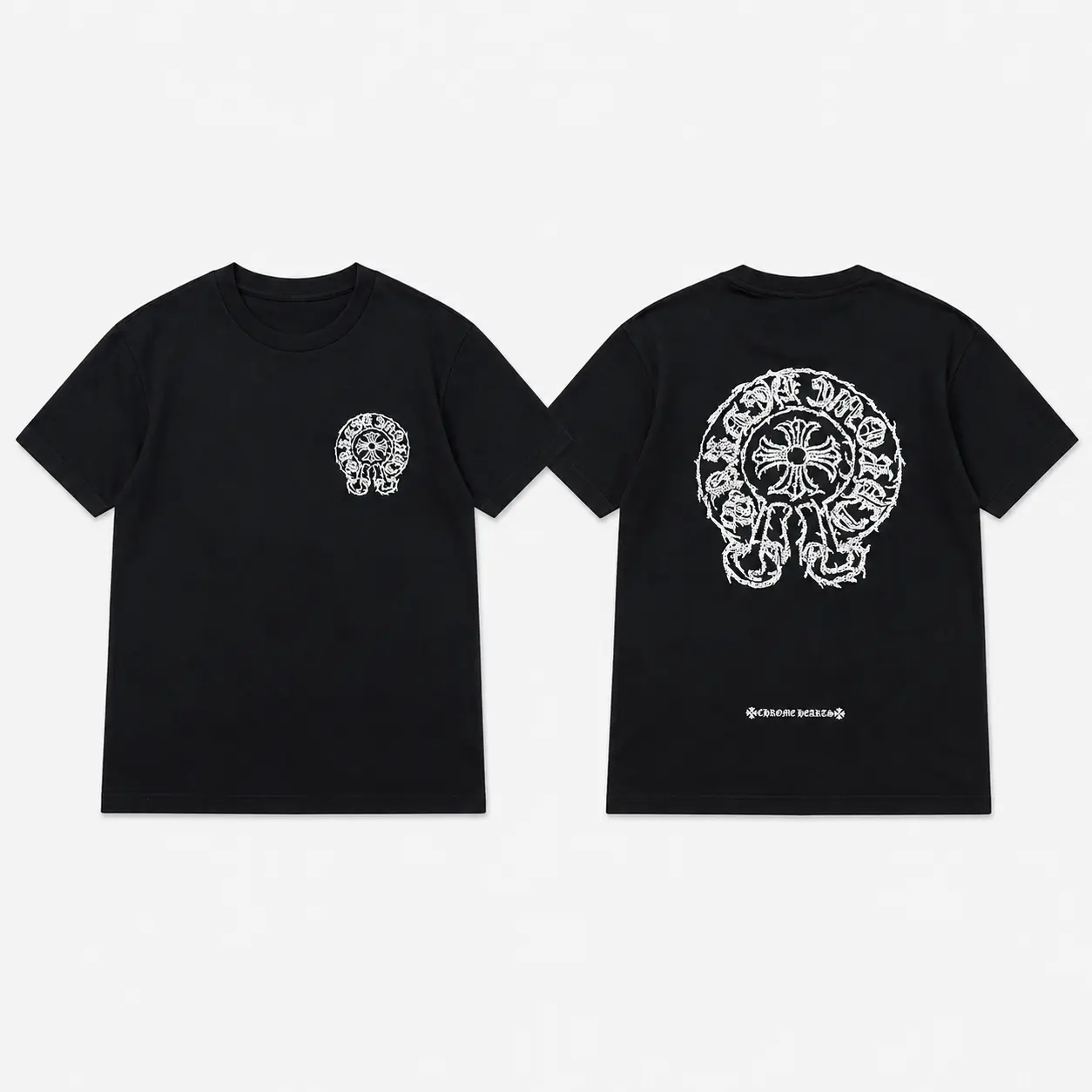 Chrome Heaart Distressed Horseshoe Cross Graphic T-Shirt, Gothic Emblem Back Print, Vintage Y2K Streetwear Tee