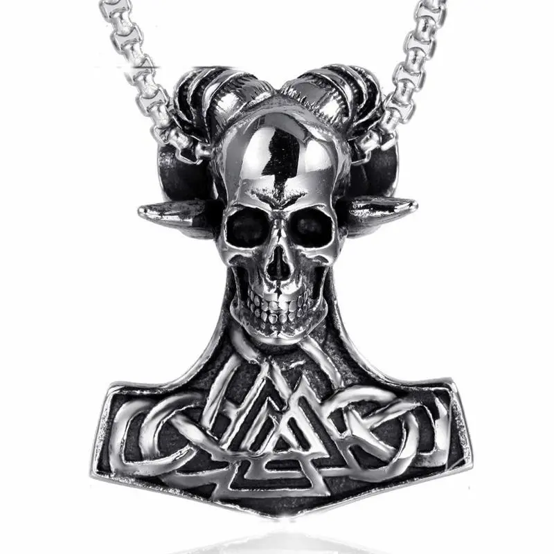 MENDEL Mens Norse Viking Valknut Skull Mjolnir Necklace Pendant Stainless Steel