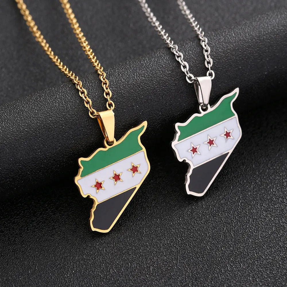 Map Jewelry Stainless Steel Free Syrian Army Map and Flag Necklace Men and Women Couple Sweater Chain
