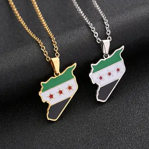 Creative map necklace Map Jewelry Stainless Steel Syrian Map and Flag Necklace Men and Women Couple Sweater Chain