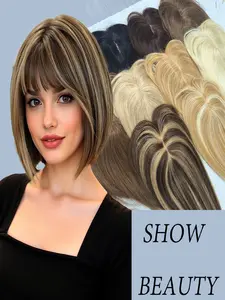 Real Human Hair Toppers, 8x12cm Base Net, French Bangs Design, Natural Scalp Coverage, Natural Look, Available in //blonde Colors, Fits 20cm-35cm Heads