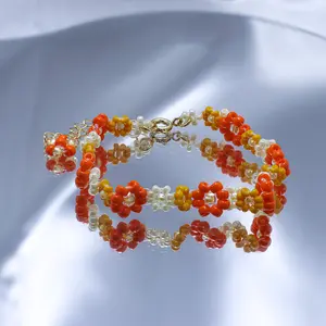 Handmade Seed Bead Flower Bracelet – Sunset Color Series  Warm Year-round Wear Jewelry for Women | Non Tarnish, Perfect Valentines Gift for Girlfriend or Best Friend