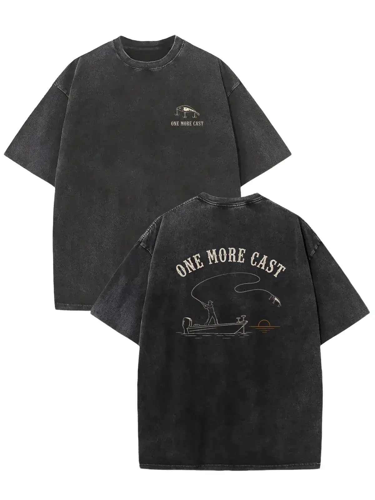 Men's Short-Sleeve 1 More Cast Fishing T-Shirt - 100% Heavyweight Washed Cotton, Vintage Bass Fishing Graphic, for Travel Anglers, Shortsleeve