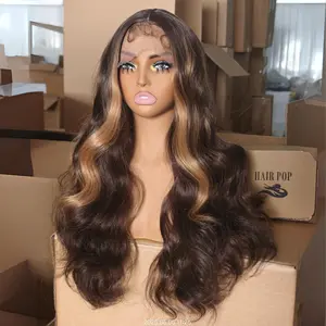 26 Inch Honey Brown & Gold Highlight Body Wave Synthetic Wig 13x4x1 Lace Pre-Plucked Hairline for Party Daily Fall Gifts