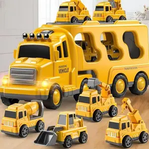 Construction Truck Toy Set for Kids - 5 in 1 Friction Powered with Lights & Music - Includes Mixer Crane Earthmover and Excavator - Perfect for Engineering Transport Vehicle Carrier Truck Gifts